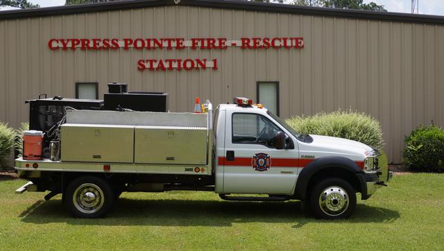 Brush Truck 217 is a 2006 Ford F-550 with 250 gallons of water and uses a Compressed Air Foam System for woods fires, grass fires and field fires, it also responds to trees down. B-217 responds from Station 1.