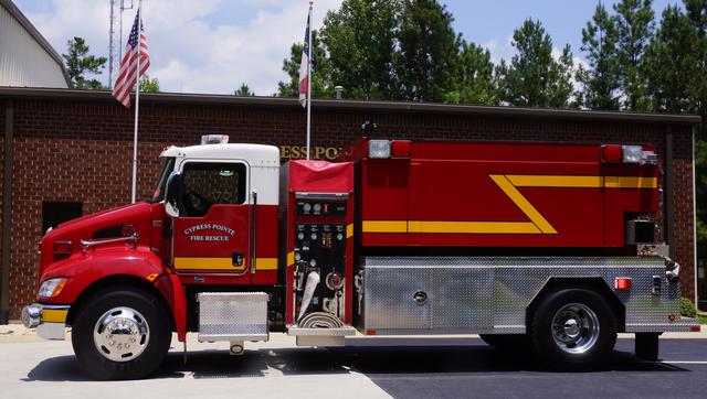 Tanker 226 is a 2010 Kenworth Chassis constructed by Fouts Brothers.  T-226 has a 500 gpm pump and carries 2,000 gallons of water.  It is housed at Station 2 and responds into areas of the Cypress Pointe District that do not have fire hydrants.  It may also be used on woods fires or other types of fires where water is not readily available for firefighting.