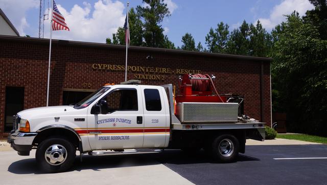 Brush Truck 228 is a 2001 Ford F-350 with a 150 gpm pump and it carries 225 gallons of water.  B-228 responds out of Station 2 to woods and grass fires.